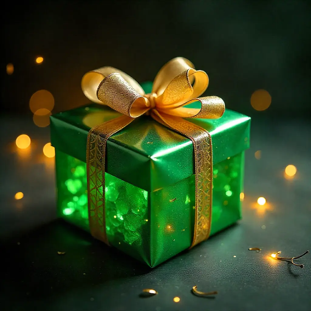 Regalo envuelto con terciopelo verde esmeralda y sello de cera dorado